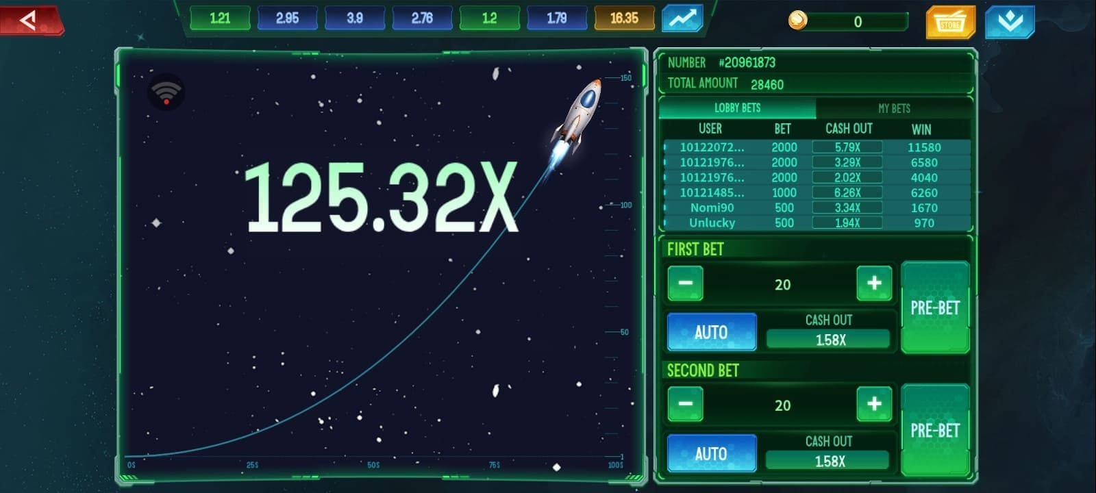 Royal x Crash gameplay screen showing a rocket climbing past a 125.32x multiplier on Royal X Casino