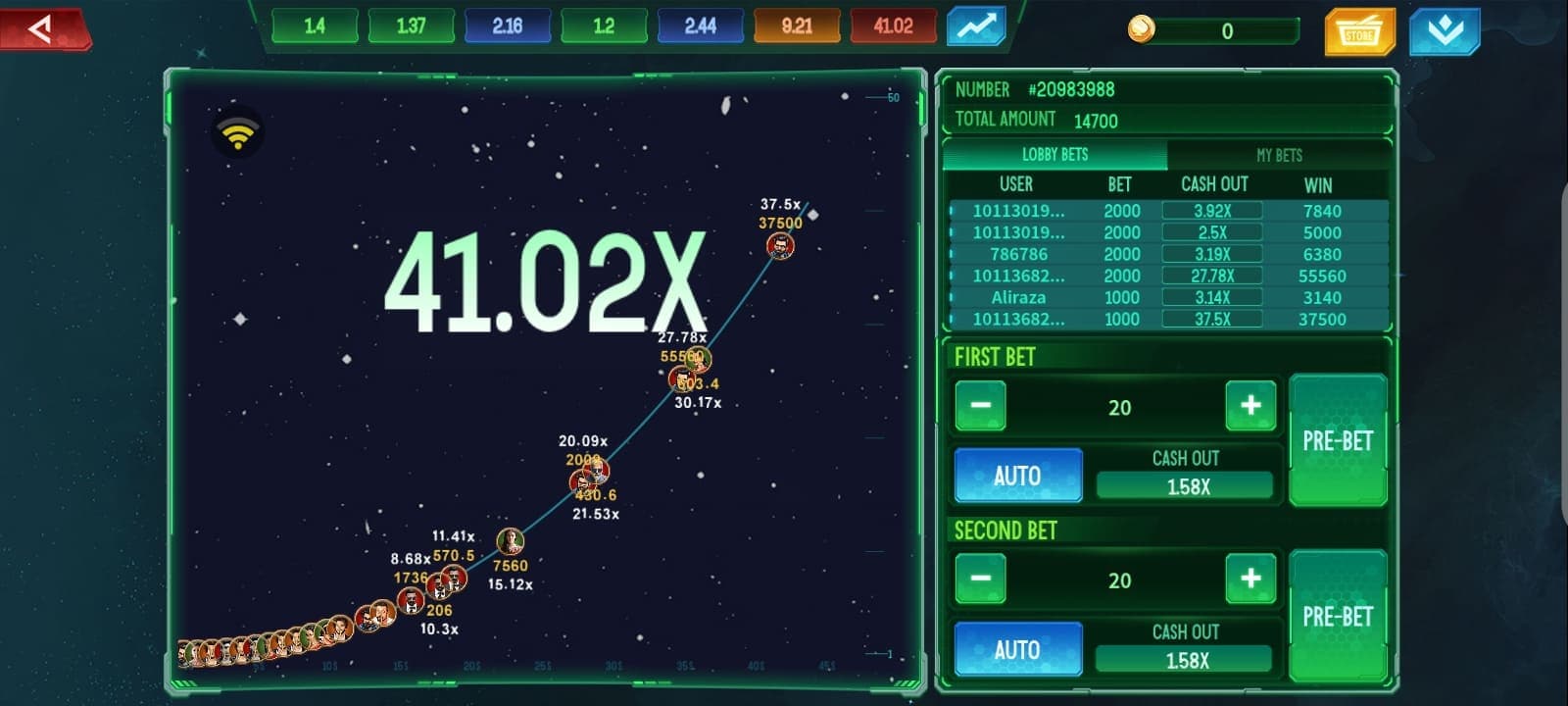 Crash II round ending at 41.02x, showing the dual bet panels and live lobby feed